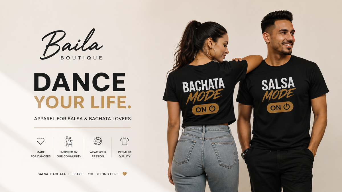 Baila Boutique salsa and bachata dance apparel featuring two dancers in matching black shirts