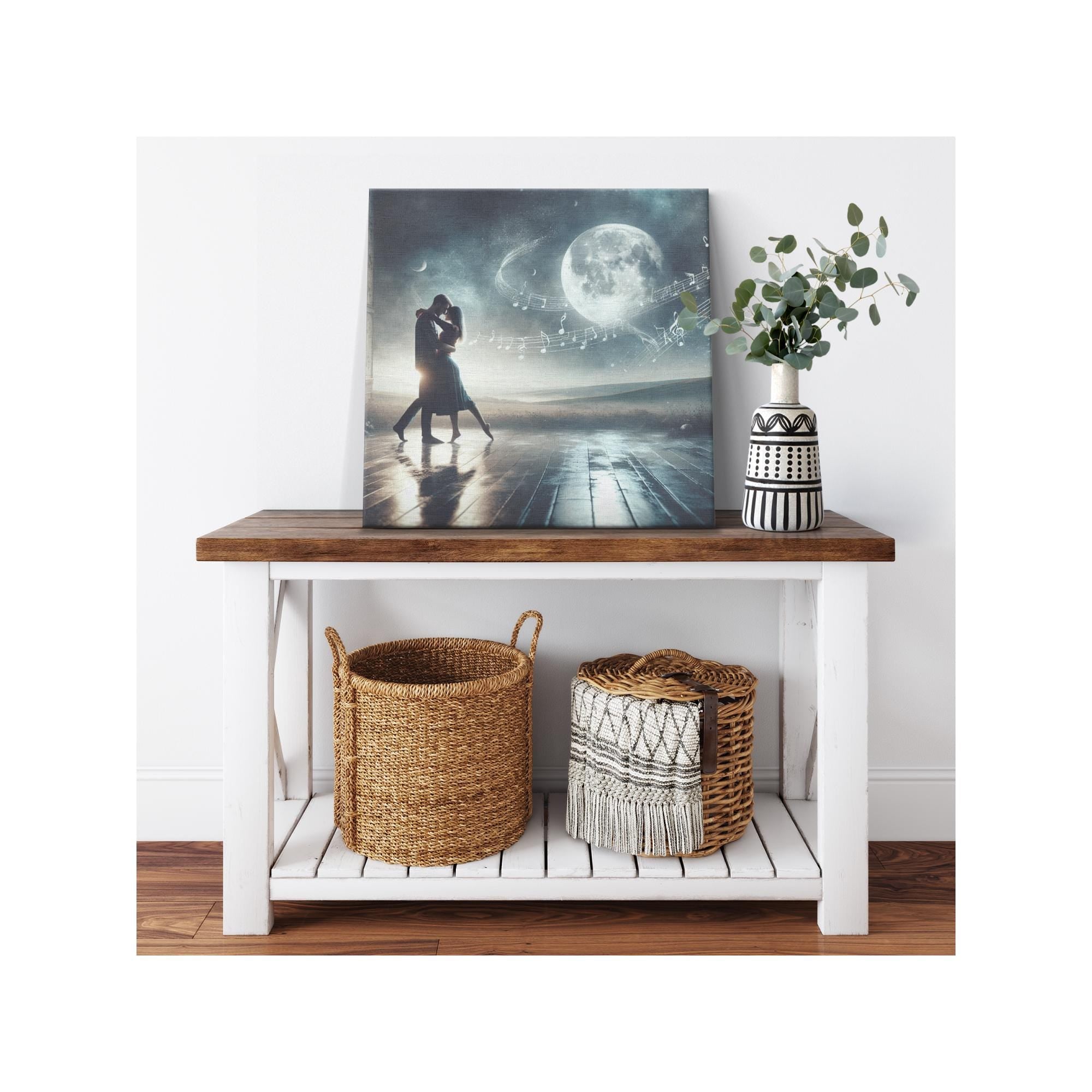 Moonlight Dance Canvas Print, Romantic Silhouette Wall Art, Couple Anniversary Gift