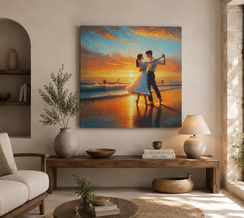 Couple Dancing on Beach Canvas Print, Romantic Sunset Wall Art, Latin Dance Poster, Gift for Her, Bedroom Decor