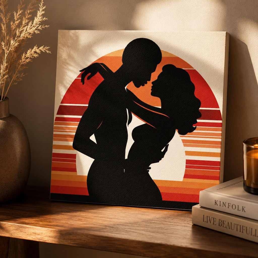 Sensual Sunset Embrace: Romantic Silhouette Art in Warm Tones