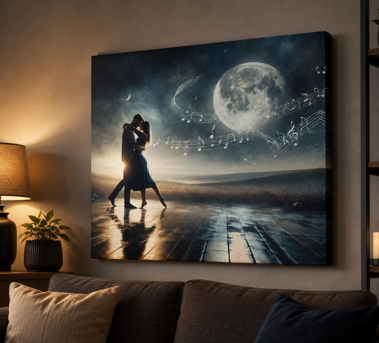 Moonlight Dance Canvas Print, Romantic Silhouette Wall Art, Couple Anniversary Gift