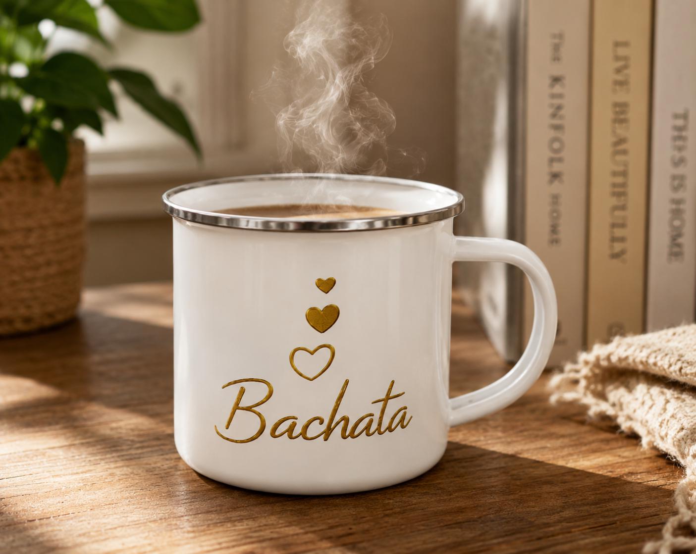 Bachata Enamel Camp Mug, Latin Dance Coffee Cup, Gold Heart Mug for Dancers