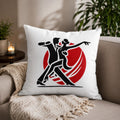 White decorative throw pillow featuring elegant salsa dancer silhouette artwork with bold red circular background. Stylish Latin dance home decor accent for salsa lovers, dance studios, living rooms, and bachata or salsa lifestyle spaces.