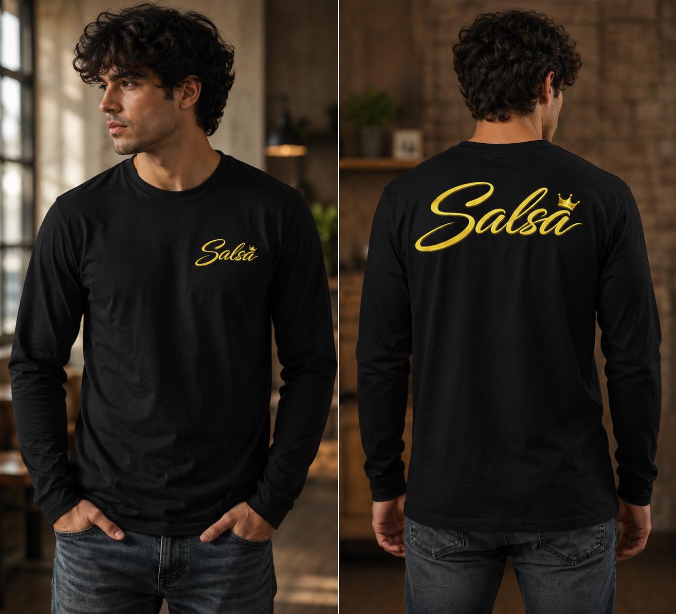 Male model wearing a black long sleeve salsa shirt featuring gold “Salsa” script logo on the front and oversized back graphic with crown detail. Stylish Latin dance apparel for salsa dancers, social dance events, and salsa lifestyle fashion.