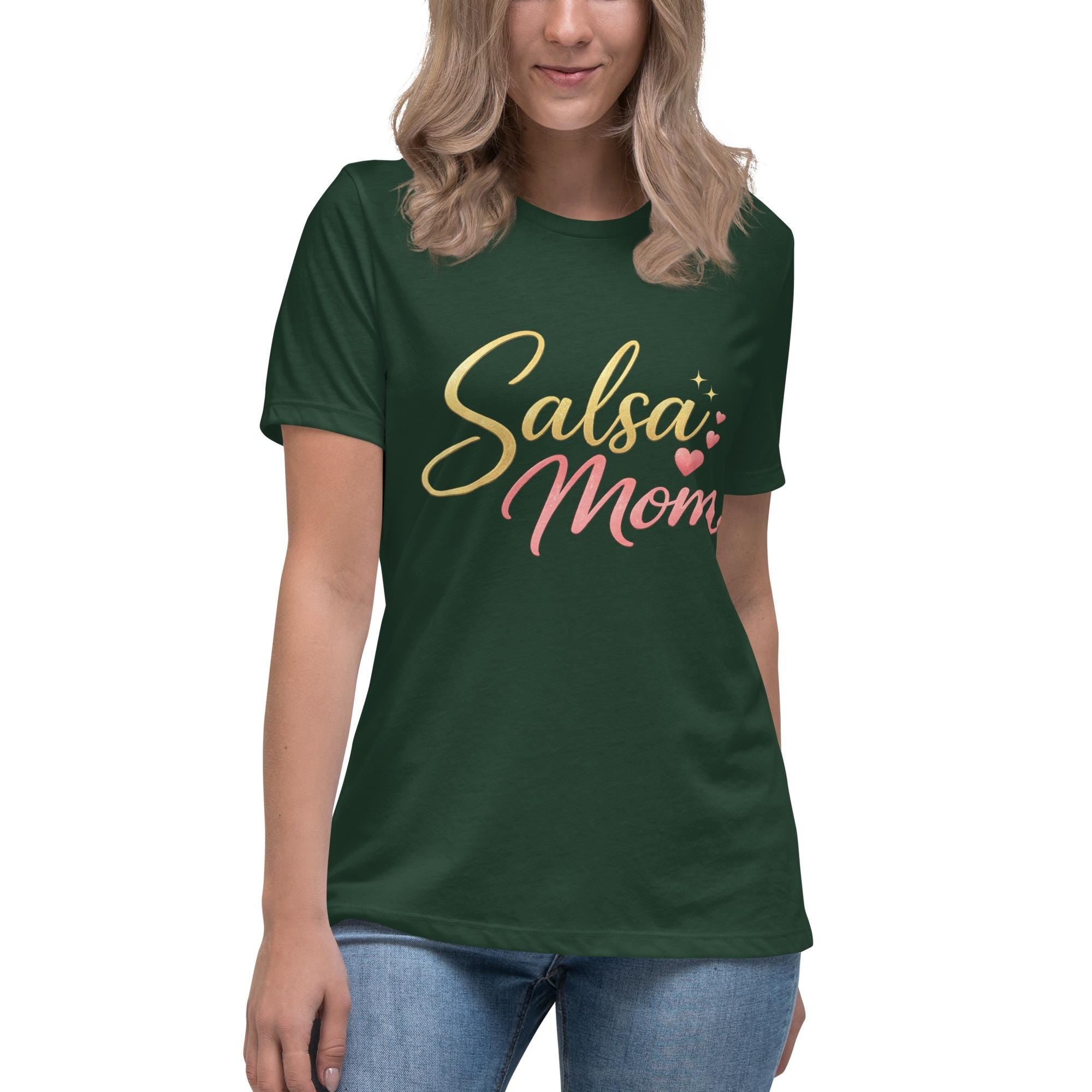 Forest green Salsa Mom t-shirt with gold and pink script lettering and small heart accents — Latin dance mom tee, Mother's Day gift idea for a salsera