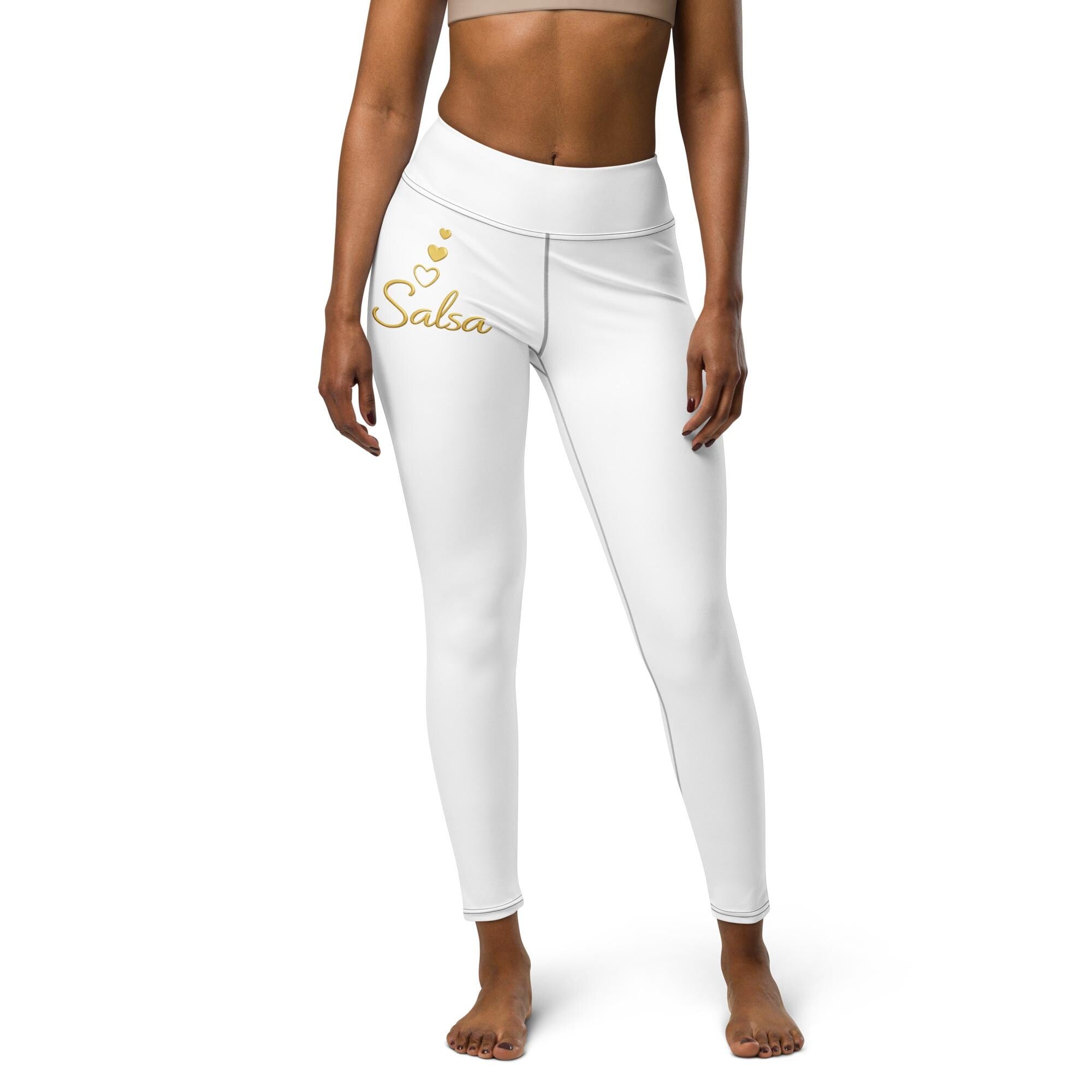 Salsa Dance Leggings Women High Waist | Latin Dancewear Yoga Pants White Gold Dance Practice Outfit