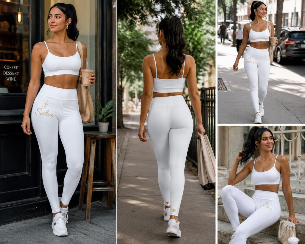 Salsa Dance Leggings Women High Waist | Latin Dancewear Yoga Pants White Gold Dance Practice Outfit