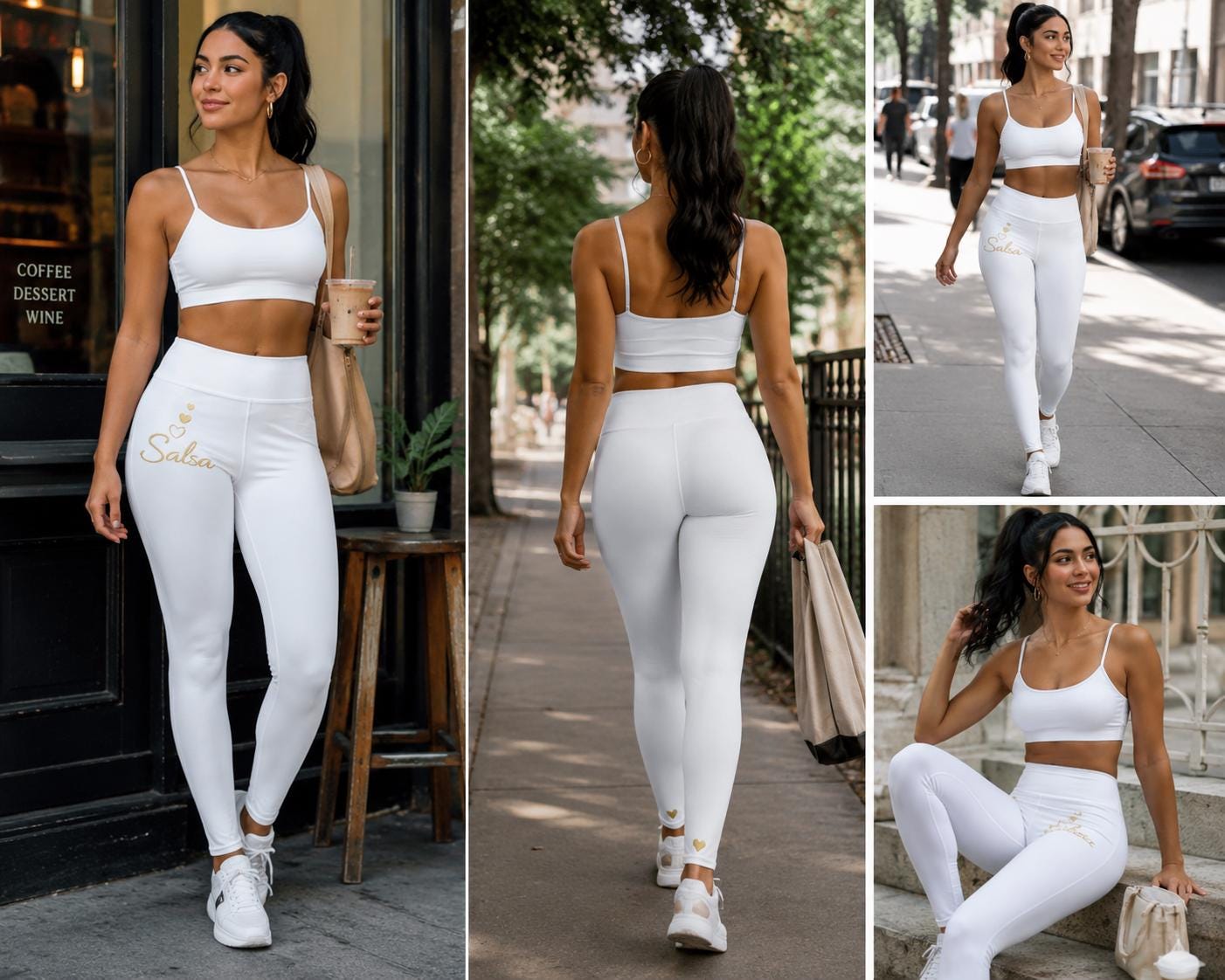 Salsa Dance Leggings Women High Waist | Latin Dancewear Yoga Pants White Gold Dance Practice Outfit