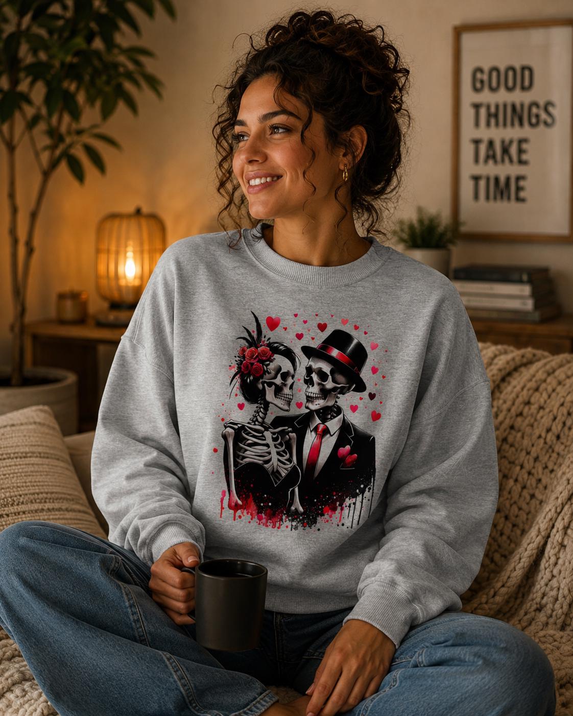 Skeleton Couple Sweatshirt, Spooky Romance Crewneck, Gothic Skull Lovers  Shirt, Day of the Dead  Pullover