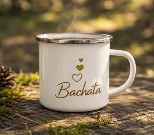 Bachata Enamel Camp Mug, Latin Dance Coffee Cup, Gold Heart Mug for Dancers