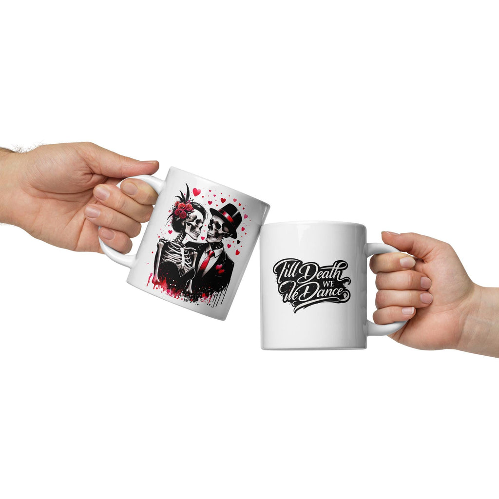 White ceramic coffee mug featuring a gothic skeleton couple design with red hearts, roses, and elegant black-and-red formal attire. Romantic dark aesthetic mug perfect for gothic decor lovers, Halloween gifts, and alternative coffee drinkware.