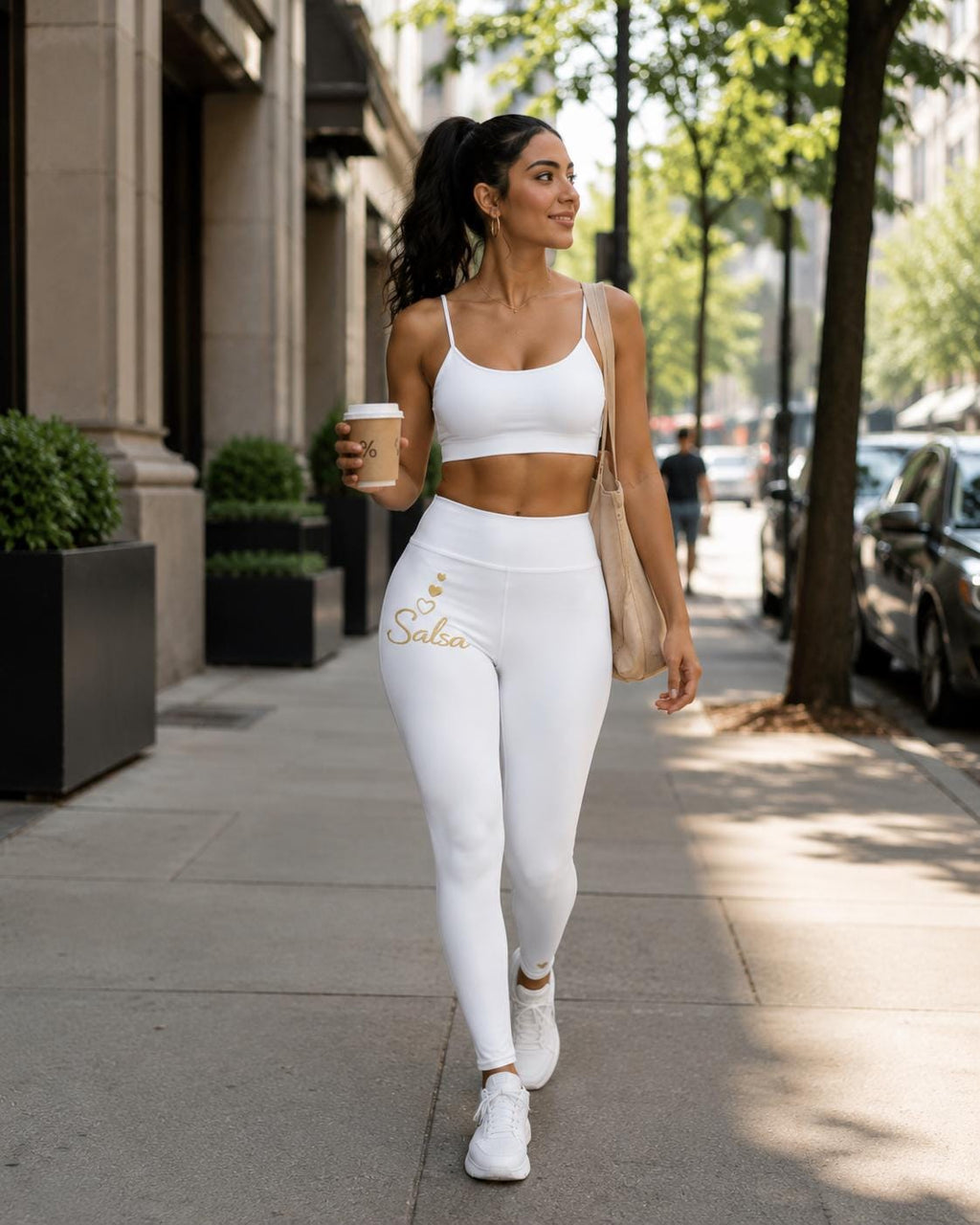 Salsa Dance Leggings Women High Waist | Latin Dancewear Yoga Pants White Gold Dance Practice Outfit